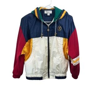 Vintage Petite Sophisticate Multicolor Womens Golf Crest‎ Hooded Windbreaker P/P
